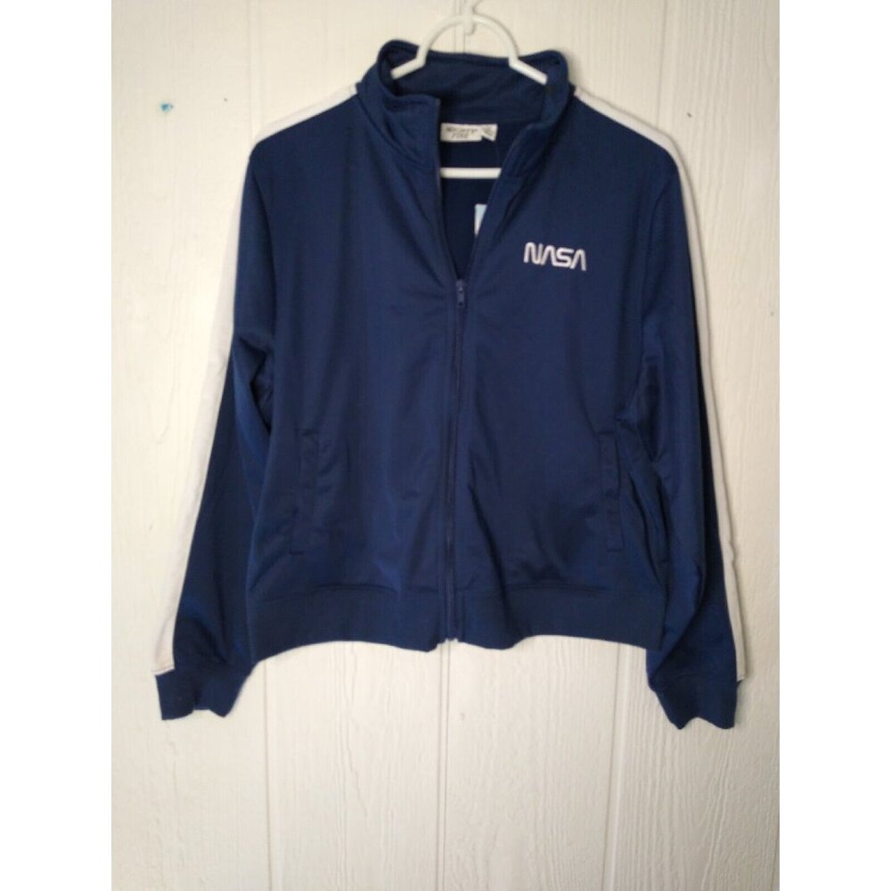Mighty Fine NASA Track Jacket Junior's L Blue Graphic Full Zip Cropped Boxy New